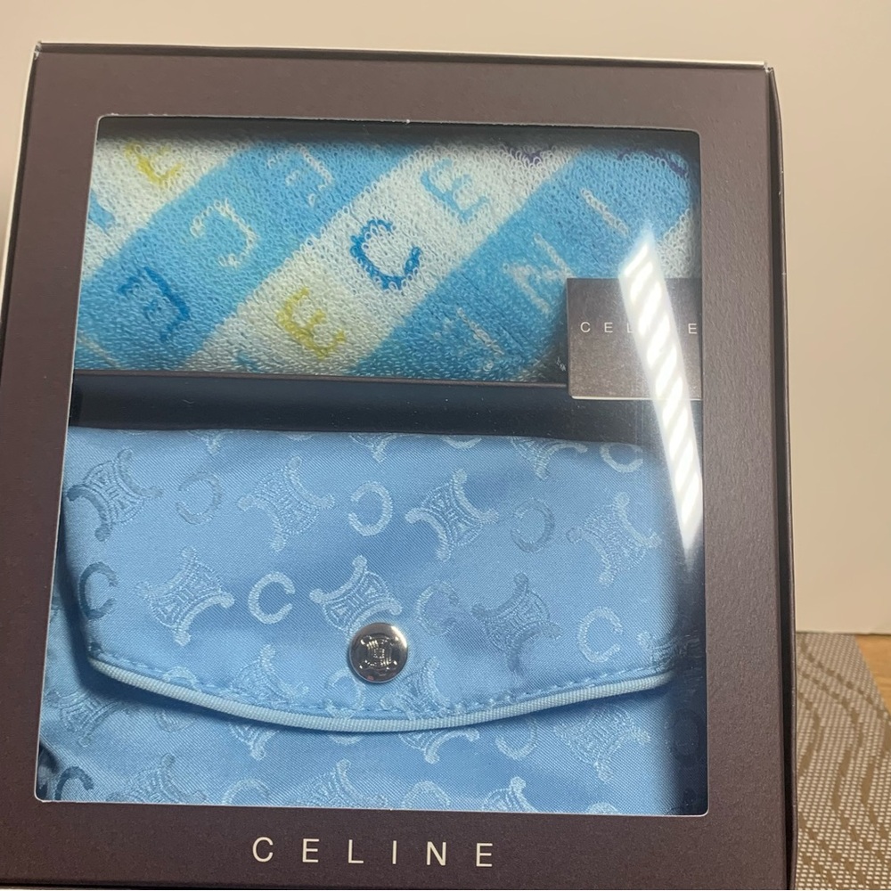 Authentic Celine Sky Blue Monogram face towel and pouch Set